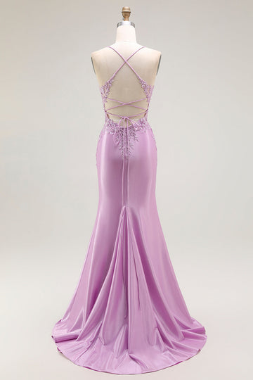 Sparkly Purple Mermaid Spaghetti Straps Corset Long Formal Dress with Slit